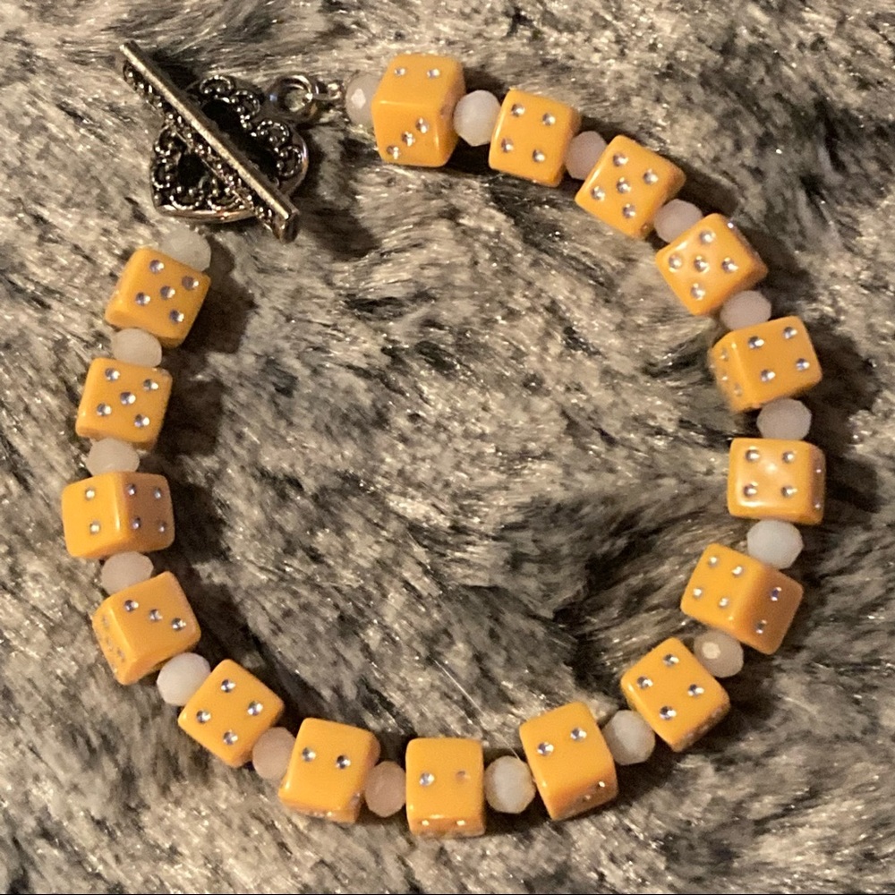 New Orange Lucite Dice Casino Bracelet with White Cut Faceted Glass Accents